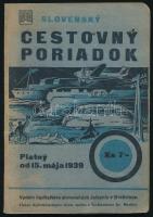 1939 Szlovák menetrend vasúti, autóipari, gőzhajózási és légi közlekedéshez, térképmelléklettel, 243p
