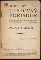 1939 Szlovák menetrend vasúti, autóipari, gőzhajózási és légi közlekedéshez, térképmelléklettel, 243...
