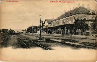 Párkánynána, Párkány-Nána, Parkan-Nána, Parkan, Stúrovo; vasútállomás, vonat, gőzmozdony. Özv. Neumann Gézáné kiadása / railway station, train, locomotive (fl)