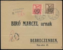 1919 Debrecen cenzúrázott helyi levél 10f és 20f bérmentesítéssel + 20f portójelzéssel / Local censored cover with 2 stamps + postage due fee Signed: Bodor