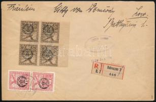 1919 Debrecen cenzúrázott helyi ajánlott levél párral (krétapapír) és négyestömbbel bérmentesítve / Local censored registered cover with pair and block of 4 Signed: Bodor