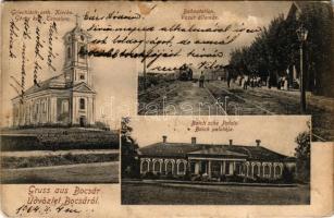 1904 Bocsár, Bocar; Görögkeleti (ortodox) templom, vasútállomás, gőzmozdony, vonat, Baich palotája, kastély / Orthodox church, railway station, locomotive, trian, castle (gyűrődések / creases)