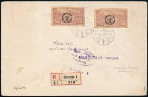 1919 Cenzúrázott ajánlott levél 2 x 50f bélyeggel Debrecenből Pallagpusztára / Censored registered cover "DEBRECZEN" - "P(ALLAG) PUSZTA" Signed: Bodor