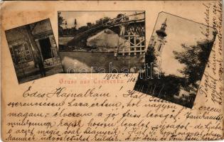 1905 Cservenka, Crvenka; Joh. Krumesz üzlete, Ferenc csatornai híd, templom / shop of Krumesz, bridge, church (EK)