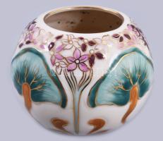 Zsolnay ginkgo biloba mintás váza, jelzett, aranyozáson kopással, d: 8,5 cm