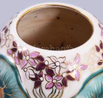 Zsolnay ginkgo biloba mintás váza, jelzett, aranyozáson kopással, d: 8,5 cm