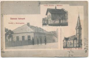 Gálos, Gols; vasútállomás, óvoda, evangélikus templom / Bahnhof, Kindergarten, Ev. Kirche / railway station, nursery, Lutheran church. Art Nouveau, floral (r)