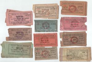 1908-1940. Miskolc "Miskolczi Orth. Izraelita Anyahitközség" vágatási jegy / értékjegy, önálló letépett darabok: kacsa- csirke- és vágott lúd vágatására (3xklf,9db) + 1/4kg- 1/2kg- 1kg hús után, fillér értékkel (6xklf,11db) + 1/8kg hús után, korona értékkel (2x) + 1kg hús után, aranyfillér értékkel (4x) T:VG,G, szennyeződés, szakadás