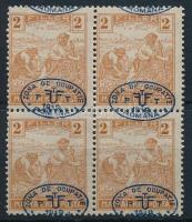 Debrecen I. 1919 Arató 2f négyestömb elcsúszott felülnyomással / Mi 14 block of 4 with shifted overprint Signed: Bodor