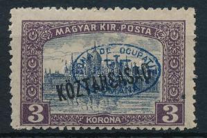 Debrecen I. 1919 Parlament/Köztársaság 3K kék felülnyomással / Mi 53c Signed: Bodor