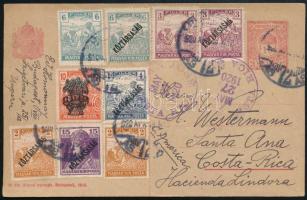 1920 Díjjegyes levelezőlap az infláció 1. díjszabási időszakából, több bélyeges, színes díjkiegészítéssel Costa Ricába. Nagyon ritka desztináció! / PS-cover with colourful additional franking to Costa Rica, very rare destination!