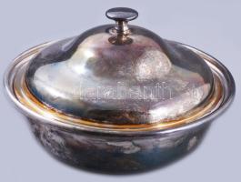 cca 1930 John Round &amp; Son angol ezüstözött fedeles edény. Jelzett, d: 16 cm, m: 8,5 cm