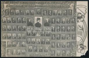 1910 Szent Vince pártfogása alatt álló alkalmazottak Mária kongregációjának tagjai 1905-1910, tablófotó, szecessziós díszítésű fotólap, egyik sarkán kisebb sérüléssel, 9x14 cm
