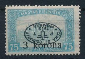 Debrecen I. 1919 Parlament 3K/75f fordított felülnyomással / Mi 34 with inverted overprint Signed: Bodor