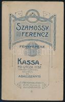 cca 1910 Hölgy portréja, vizitkártya Szamossy Ferenc (Kassa és Abaújszántó) műterméből, 10,5x6,5 cm