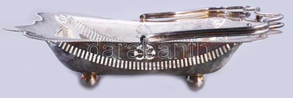 Angol ezüstözött kínáló, 4 gömb lábon, jelzett, 28x23x20 cm