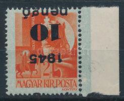 1945 Kisegítő IV. 10P/2f ívszéli bélyeg fordított és kissé elcsúszott felülnyomattal, Leitold vizsgálójellel / Mi 814 with inverted and slightly shifted overprint, sign: Leitold