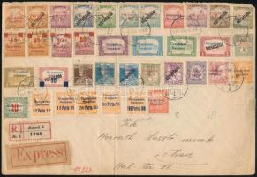 1919 Arad helyi ajánlott expressz nagyalakú levél 37 klf megszállási bélyeggel és első napi bélyegzéssel, érkezési bélyegzéssel, közte elcsúszott felülnyomatok, Portó 100f lemezhibával / Local registered express cover with 37 different stamps and frist day cancellation Signed: Bodor