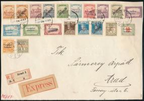 1919 Arad helyi ajánlott expressz levél előlap 20 klf megszállási bélyeggel / Local registered express cover front with 20 different stamps Signed: Bodor