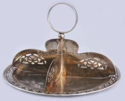 Angol ezüstözött négyosztatú kínáló, 3 darab gömb lábon, áttört díszítéssel, forgatható elosztórésszel, jelzett, 23x17 cm