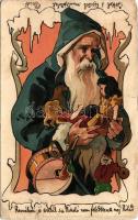 1900 Mikulás. Szecessziós üdvözlőlap / Saint Nicholas. Frank Josseck &amp; Co. 327. Art Nouveau, litho (ázott sarok / wet corner)