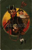 1906 Krampusz szigonnyal és láncra vert gyerekekkel. Szecessziós dombornyomott üdvözlőlap / Krampus with harpoon and chained children. Art Nouveau, Emb. litho (r)