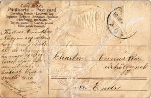 1906 Krampusz szigonnyal és láncra vert gyerekekkel. Szecessziós dombornyomott üdvözlőlap / Krampus ...