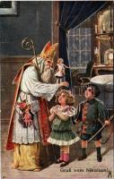 1917 Gruss vom Nikolaus! / Mikulás gyerekekkel / Saint Nicholas with children greeting art postcard