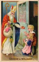 Üdvözlet a Mikulástól! / Greetings from Saint Nicholas art postcard. litho