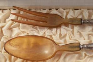 Ezüst (Ag) nyelű salátakínáló szett, dobozában, jelzés nélkül, h: 28,5 cm