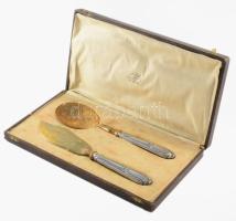 Ezüst (Ag) nyelű fagylaltszervírozó szett, jelzett, dobozában, h: 25,5 cm