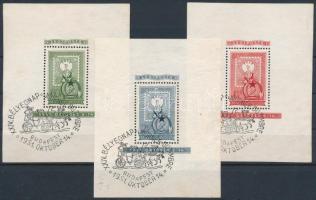 1951 80 éves a magyar bélyeg blokksor, a kiállítás utolsó napjáról származó bélyegnapi bélyegzéssel. Ebben a formában ritka! / Mi 20-22 block set