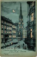 1899 Wien, Vienna, Bécs; Stefanskirche v. Graben, Zahnartzt. Verlag von G. Rüger &amp; Co. / church, trams, dentist, shops, New York, night. Hold to light litho (tear)