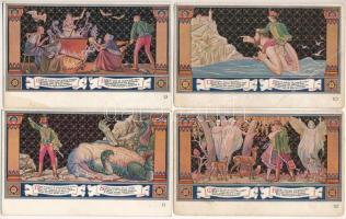 BUDAPEST - 12 db RÉGI képeslap: Egyetem utca 5. Erzsébet Királyné Szálló étterem és söröző pince, Sándor Béla falfestménye Petőfi Sándor János vitézéből, teljes sorozat / 12 pre 1945 wall paintings postcards, complete series