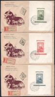 1951 80 éves a magyar bélyeg blokksor 3 db ajánlott FDC-n / on 3 registered FDC