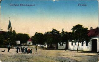 1916 Miklóshalma, Miklósfalu, Nickelsdorf; Fő utca, templom. Schragner Ferenc kiadása / main street, church (szakadások / tears)