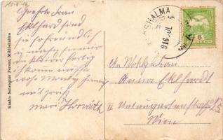 1916 Miklóshalma, Miklósfalu, Nickelsdorf; Fő utca, templom. Schragner Ferenc kiadása / main street,...