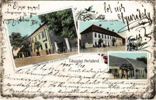 1905 Perlak, Prelog; Alsó-Muraközi Takarékpénztár, Muraköz szálloda, Sosterics Pál üzlete / savings bank, hotel, shop. Art Nouveau, floral (szakadás / tear)