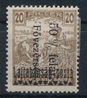 Nyugat-Magyarország III. 1921 Arató 20f előoldalra került és fordított hátoldali felülnyomattal, Hadsereg Fővezérség és Bodor vizsgálójellel (az előoldal szélén falc) / Mi 22 overprinted on the front instead of the back, with the overprint inverted. Sign: Bodor (hinge on the front)