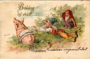 1901 Boldog újévet! Törpék malaccal / New Year greeting art postcard with dwarfs and pig. litho (ázott szél / wet edge)
