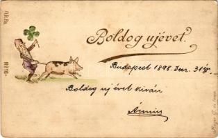 1898 Boldog újévet! Törpe malaccal. Rüger G. és társa No. 16. / New Year greeting art postcard with dwarf and pig. Emb. litho (fl)