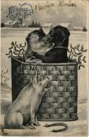1908 Boldog újévet! Üdvözlőlap macskával, kutyával és malaccal. A levél címzettje báró Miske Ilona / New Year greeting art postcard with cat, dog and pig (EK)