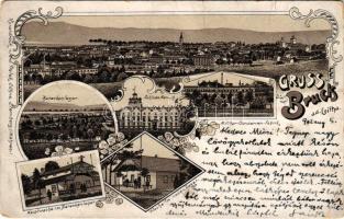 1902 Lajtabruck, Bruck an der Leitha; Barackenlager, Schloss Harrach, Militar-Conserven-Fabrik, Hauptwache, Wache im neuen Lager / Harrach kastély, K.u.K. katonai tábor, konzervgyár, főőrség, őrség az új táborban (Bruckújfalu) / castle, K.u.K. military camp, canning factory, main guard, guard in the new camp (Bruckneudorf). Art Nouveau, floral, litho (fa)