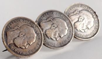 3 darab 1 koronás ezüst (Ag) érméből készült bross, h: 6 cm, bruttó 16g