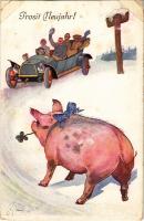 1916 Prosit Neujahr! B.K.W.I. 3000-5. / New Year greeting art postcard with pig and people in automobile (ragasztónyomok / glue marks)