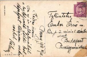 1916 Prosit Neujahr! B.K.W.I. 3000-5. / New Year greeting art postcard with pig and people in automo...