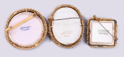 Limoges 3 darab kézzel festett porcelán bross, jelzett, h: 5,5 cm alatt