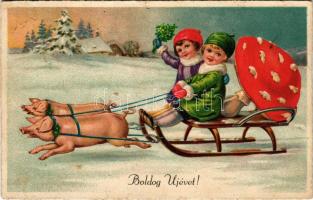 1934 Boldog újévet! Gyerekek gombával és malacokkal / New Year greeting art postcard, children with mushroom and pigs. litho (tűnyomok / pinmarks)