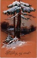 1927 Boldog újévet! Téli táj ezüstös művészlap / New Year greeting art postcard, landscape in winter