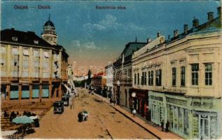 1918 Eszék, Essegg, Osijek; Kapucinska ulica / street view, drugstore, tram, market (Rb)